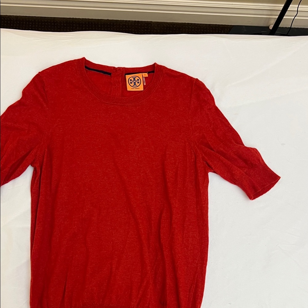 Tory Burch Burnt Orange/Red Short Sleeve Cashmere Crew Sweater